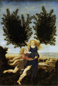 Piero del Pollaiolo, Apollo e Dafne. Si notino le caratteristiche diverse rispetto all'opera di Antonio (sopra) "Ercole e Anteo"