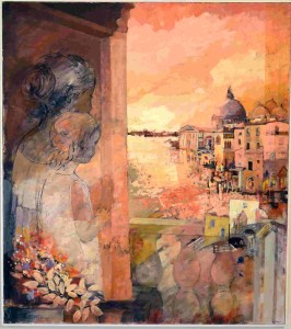 L'opera di Bruno Zago "Rosso veneziano", sullo sfondo il mare di Chioggia