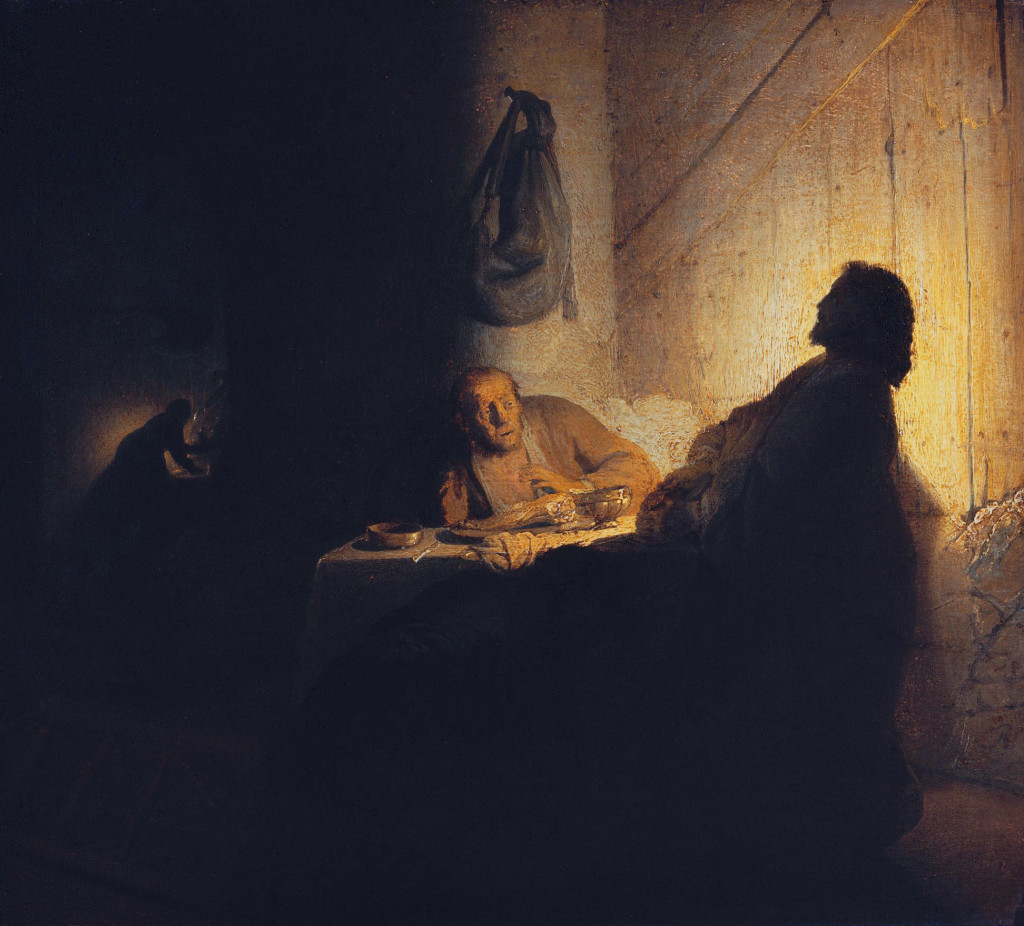 The supper at Emmaus *oil on paper on panel *39 x 42 cm *circa 1628 *signed b.r.: R  (indistinct)