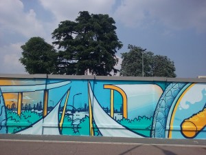 Particolari dello skyline milanese del murale